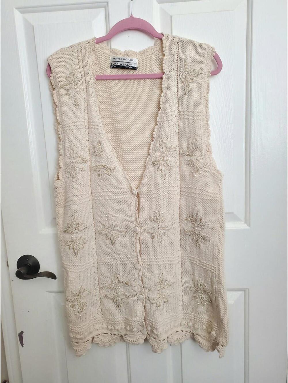Vintage Hand Knit Sweater Vest By Bon Magique Cottagecore Pearls Granny Core L